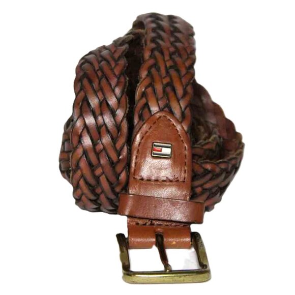Tommy Hilfiger Braided Leather Belt Brown Brass Buckle Men's Size 50